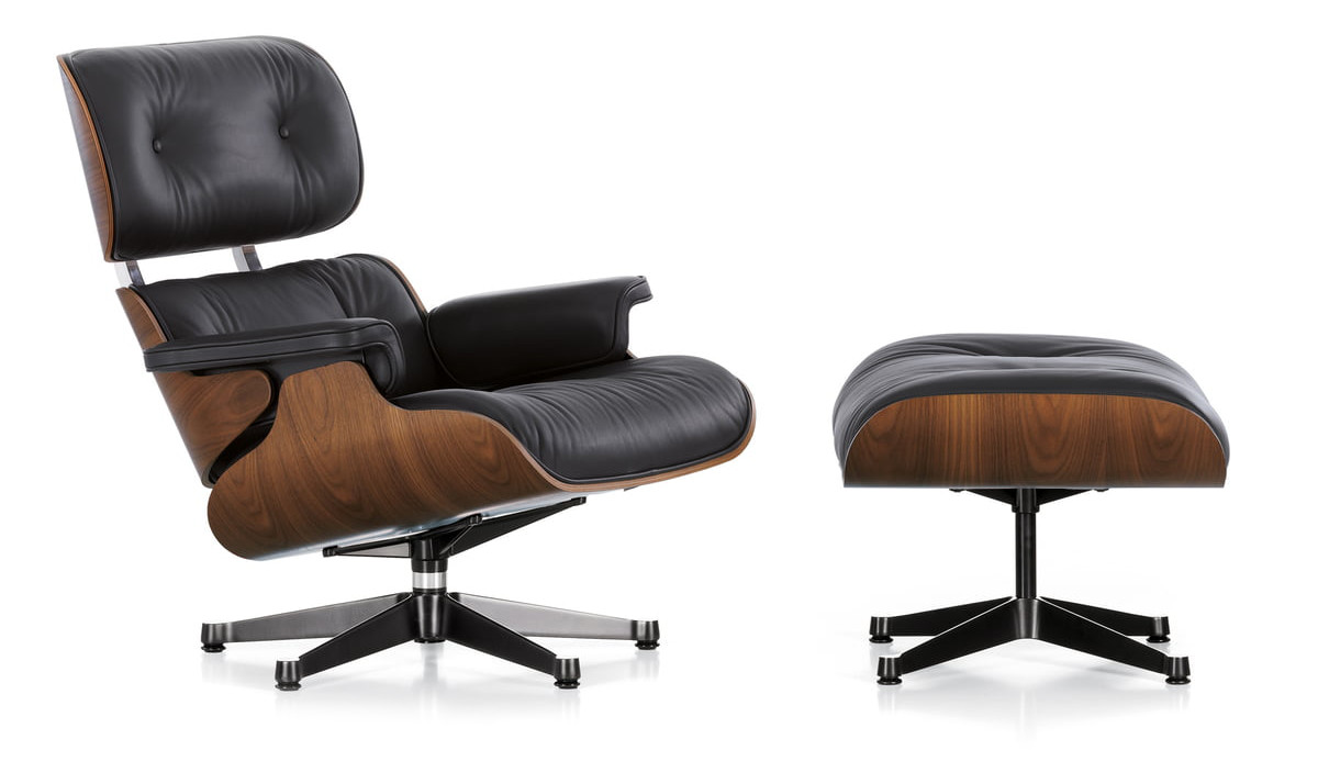 Vitra-Lounge-Chair-Ottomwann-Nussbaum-schwarz-pigmentiert-poliert-Seiten-schwarz-Leder-frei